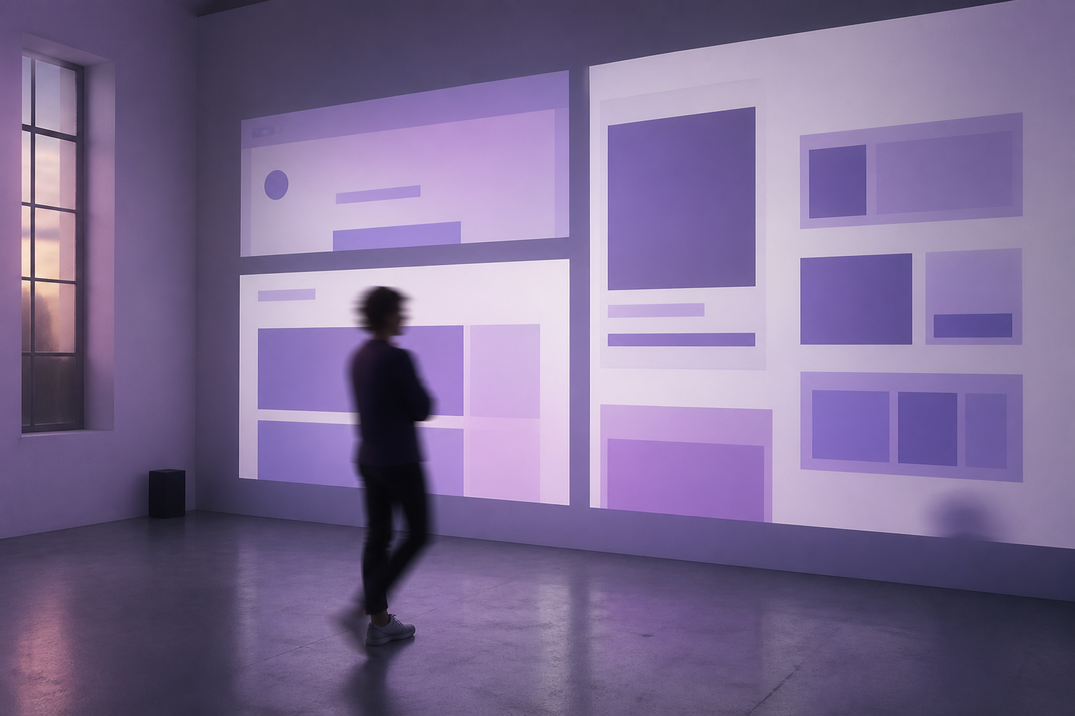 Editorial-Fotografie einer Wandprojektion abstrakter Website-Layouts in einem leeren Studio