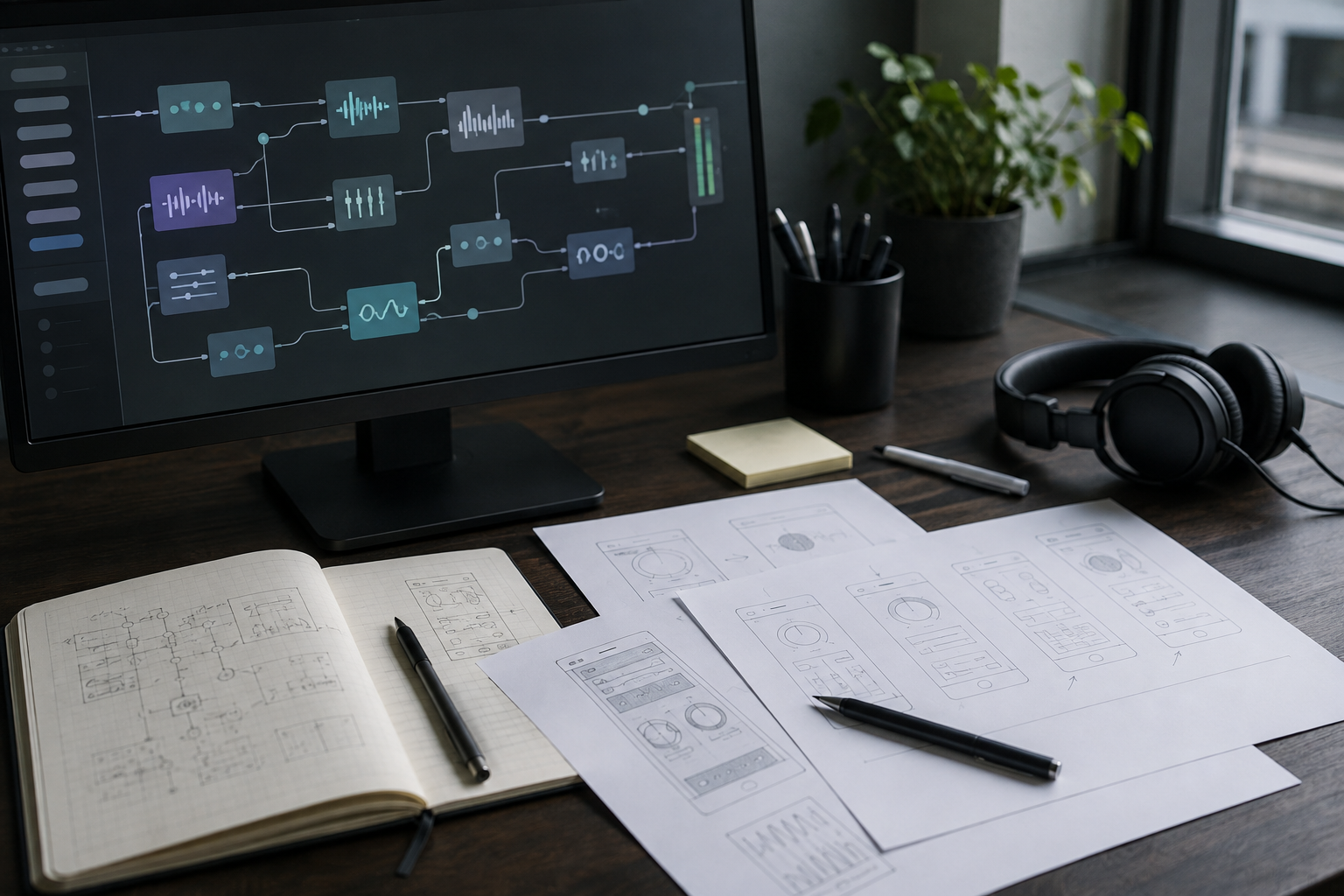 Konzeptionelles Stillleben mit abstrahiertem Audio-Routing auf einem Bildschirm und separaten App-Skizzen auf Papier